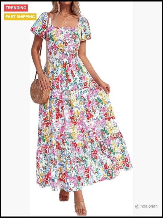 Dresses & Skirts - Polyester Maxi Dress with Puff Sleeves Square Neck Smocked Tiered Pockets